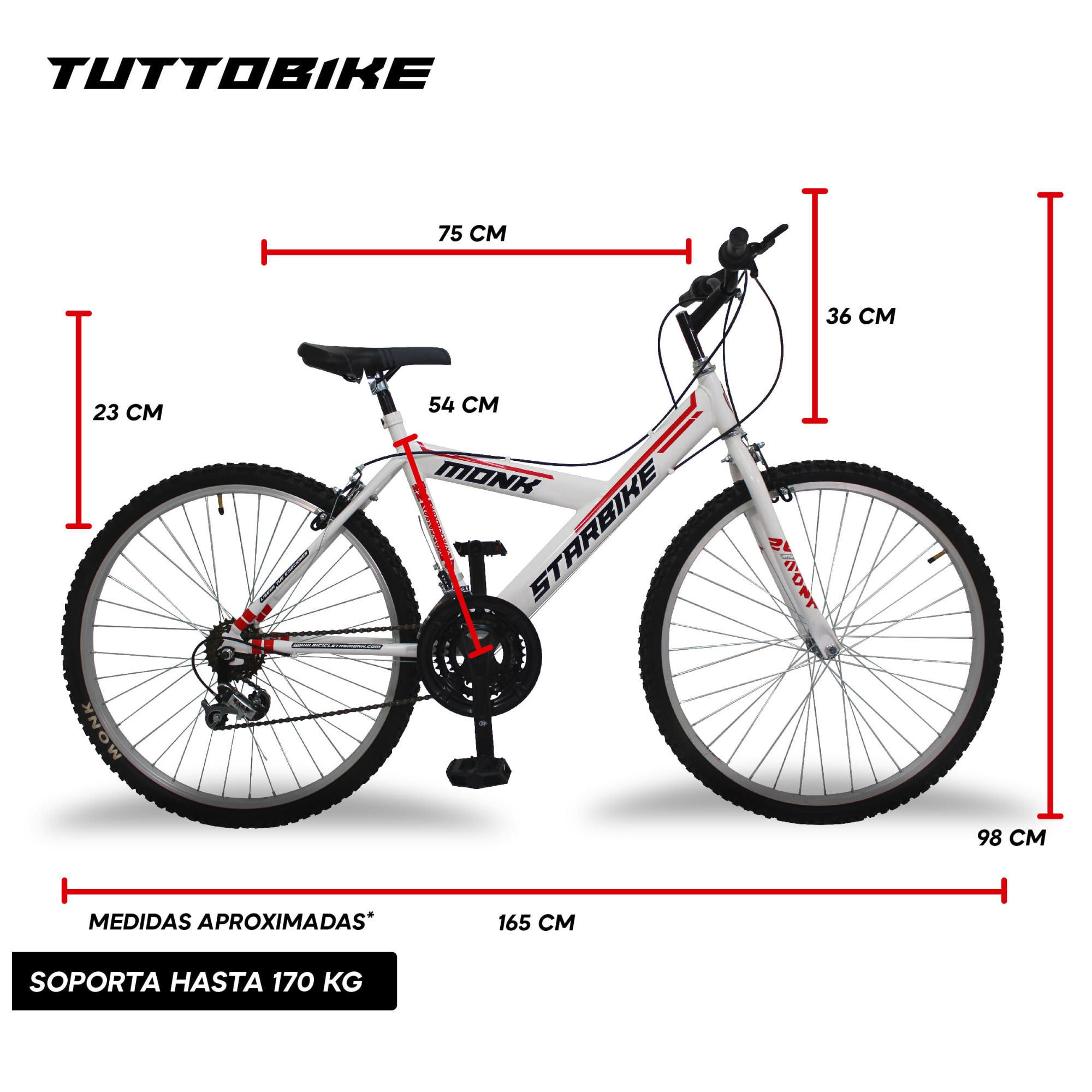 Bicicleta Montaña Rodada 26 18 Velocidades Monk StarBike 2.1 Blanco Rojo