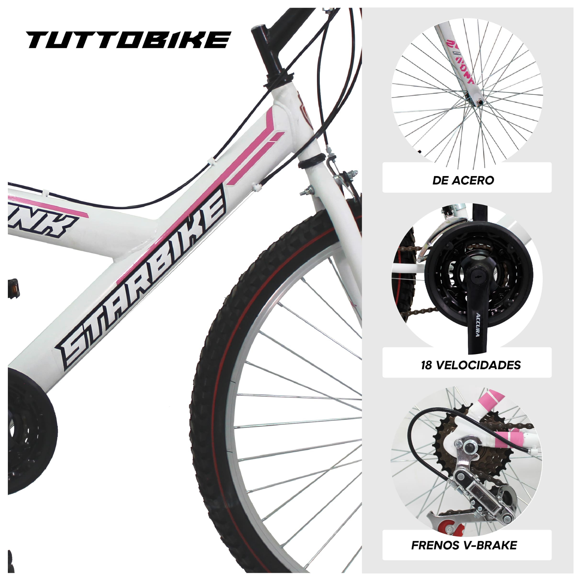 Bicicleta Montaña Rodada 26 18 Velocidades Monk StarBike 2.1 Blanco Rosa