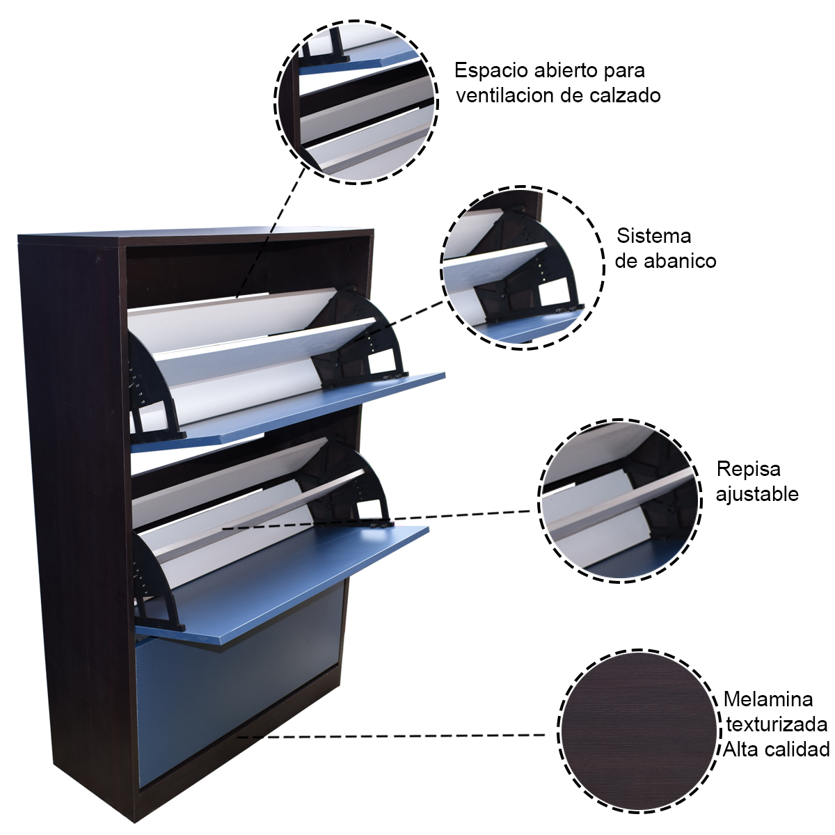 Organizador De Zapatos Hogare Mueble Zapatero Madera Venecia Moderno y Resistente Chocolate Azul