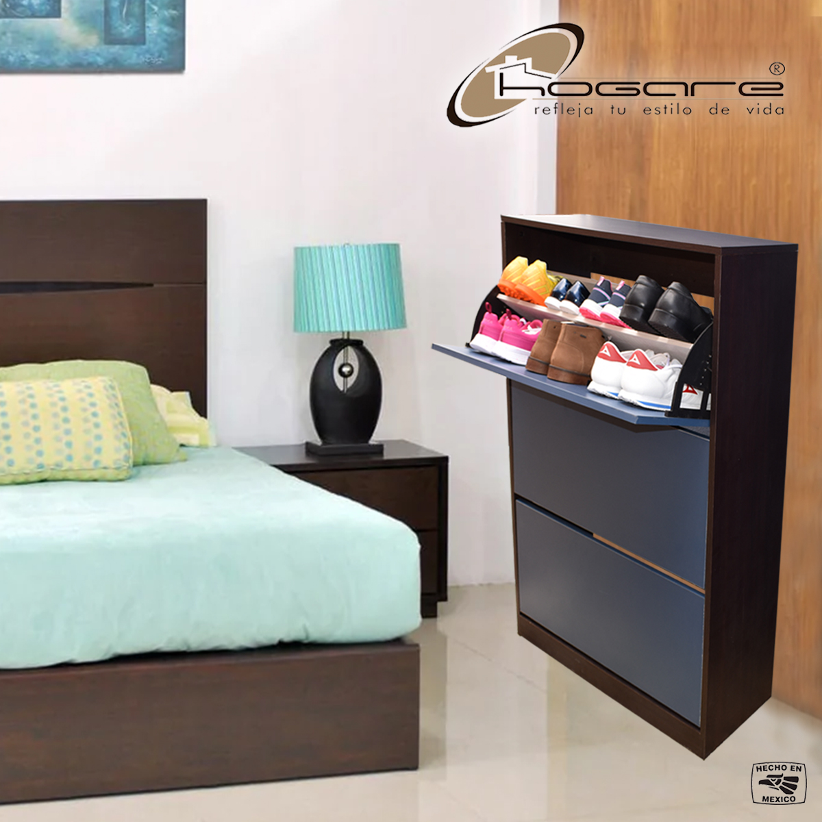 Organizador De Zapatos Hogare Mueble Zapatero Madera Venecia Moderno y Resistente Chocolate Azul