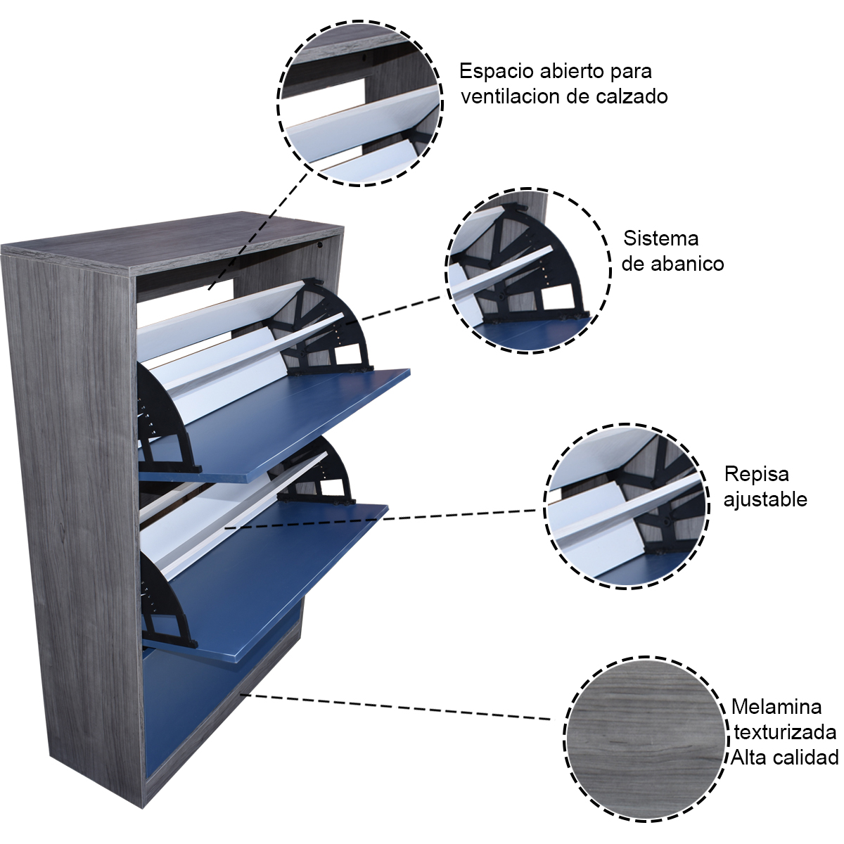Organizador De Zapatos Hogare, Mueble Zapatero Madera, Venecia Moderno y Elegante Gris Azul