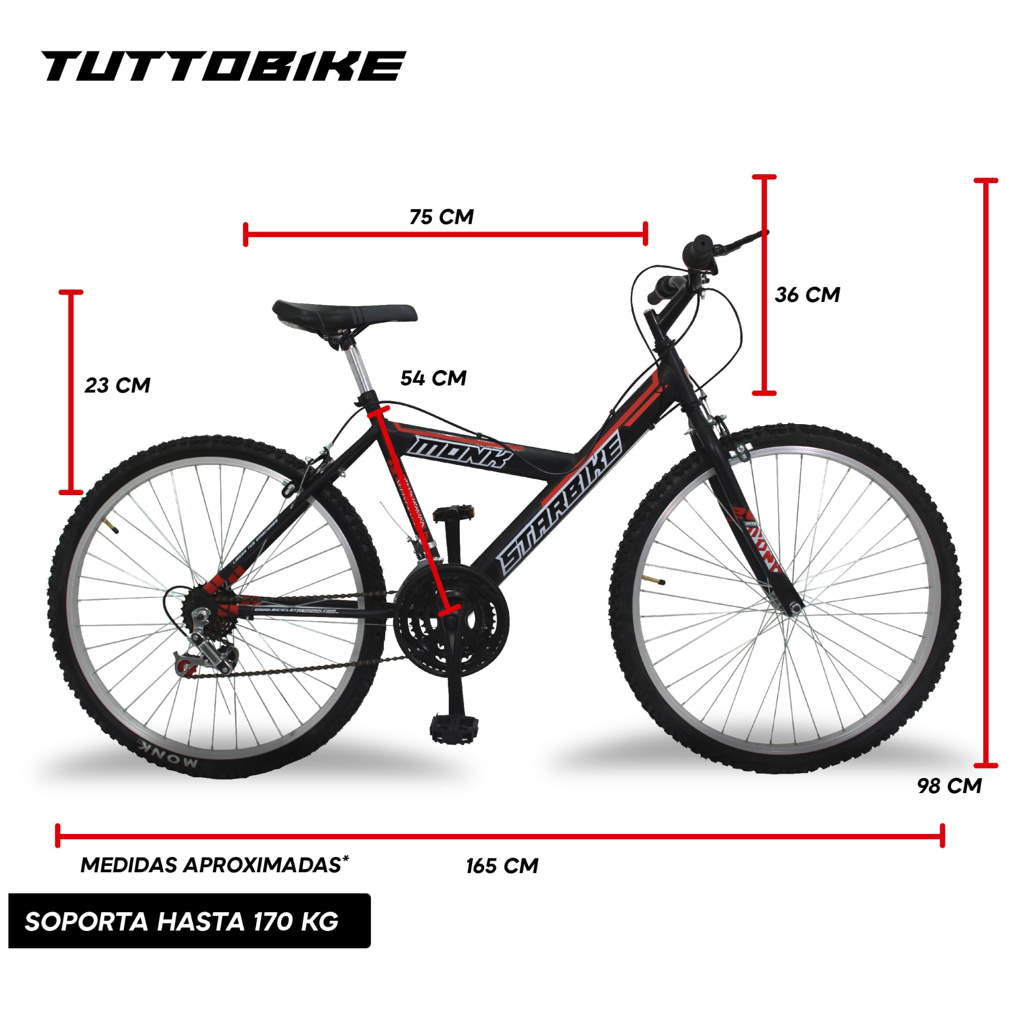 Bicicleta Montaña Rodada 26 18 Velocidades Monk StarBike 2.1 Negro Rojo