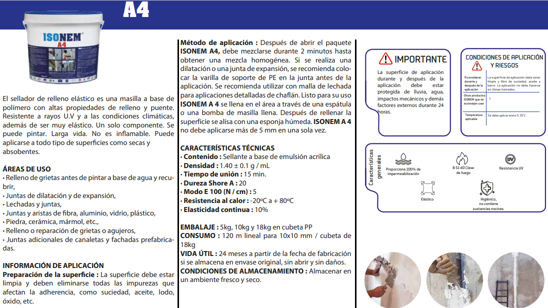 ISONEM A4 - Sellador de Relleno Elástico, Impermeable - 18 Kg