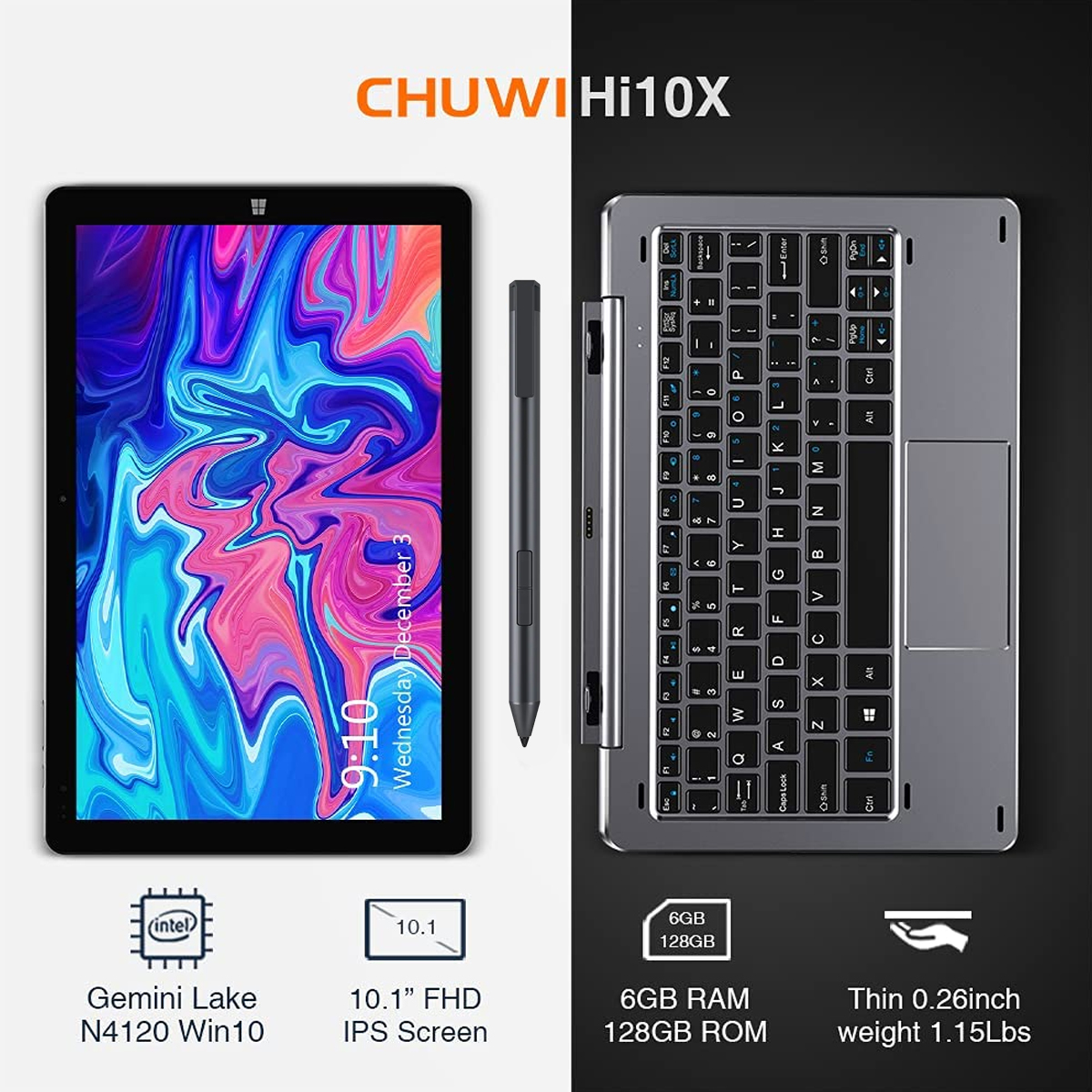 Tableta CHUWI Hi10 X 10.1" 2en1 con Windows 6 GB RAM + 128 GB con Kit de Teclado y Stylus Pen incluidos
