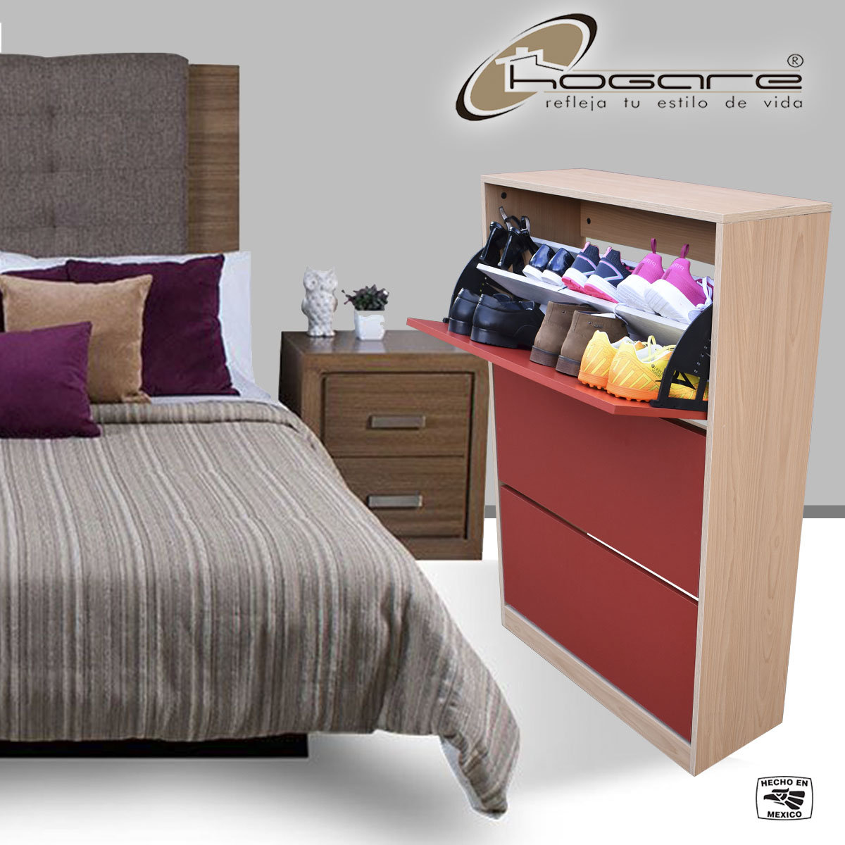 Organizador De Zapatos Hogare, Mueble Zapatero Madera, Venecia Practico Y Moderno Roble Rojo