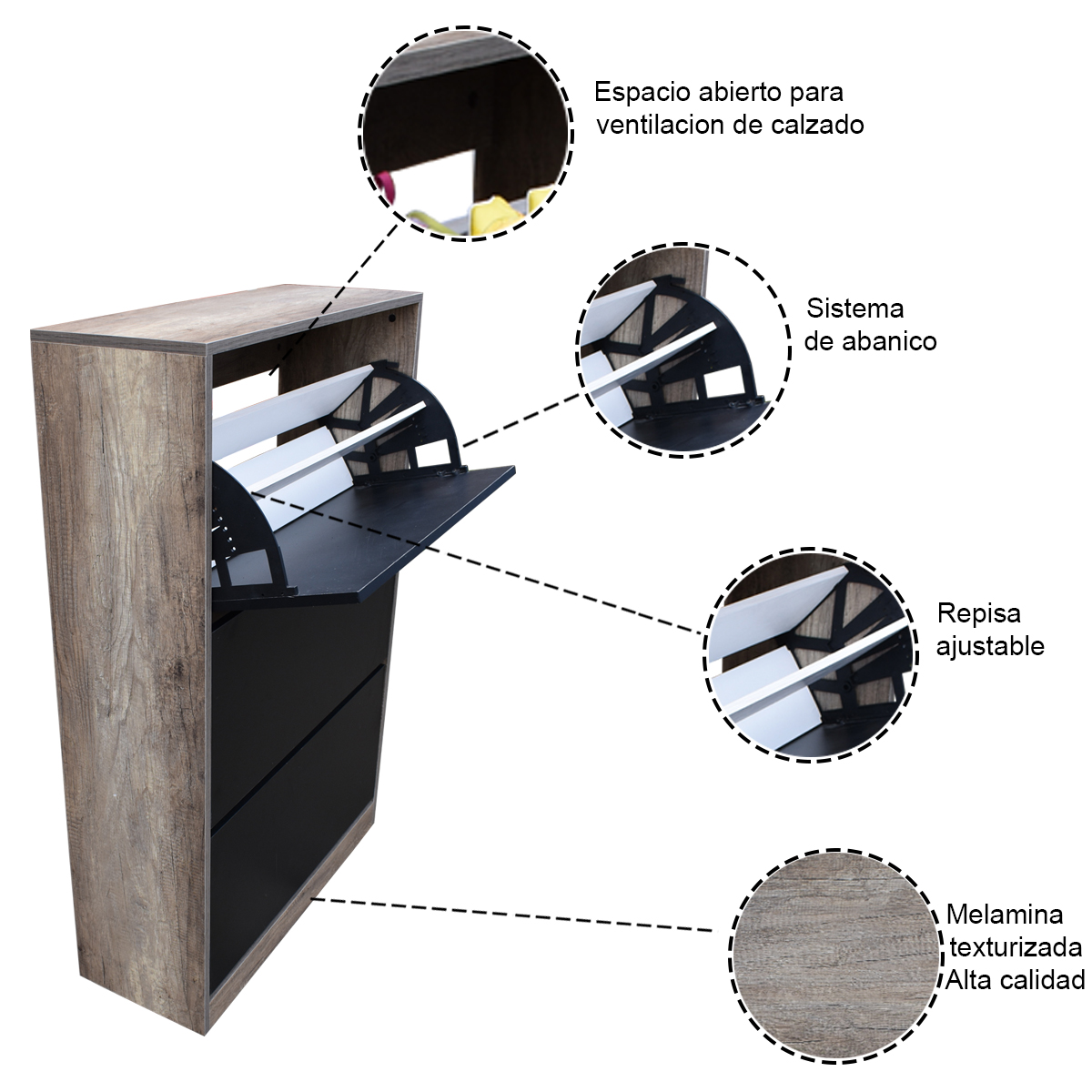 Organizador De Zapatos Hogare, Mueble Zapatero Madera, Venecia Elegante y Practico Rustik Wood Negro 