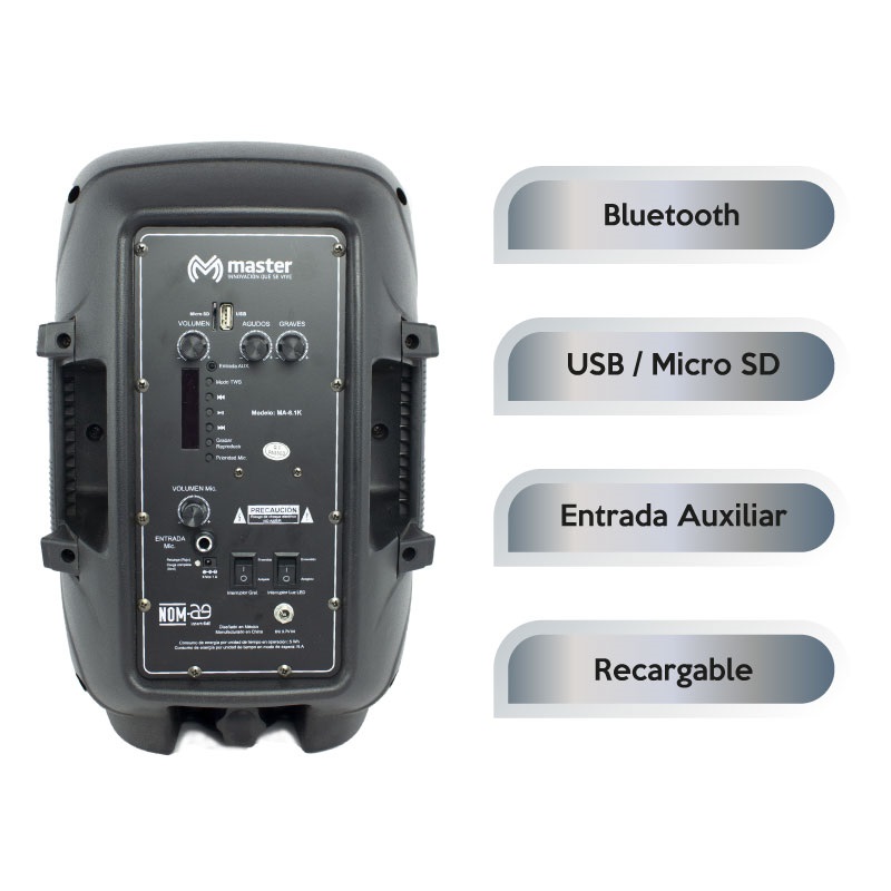 Bafle Bluetooth Amplificado de 8 Pulgadas con 5000 Watts de Potencia 4 Vías Reproductor USB Micro SD Radio FM y Bolsa Impermeable de Regalo / Master / MA-8.1K-B