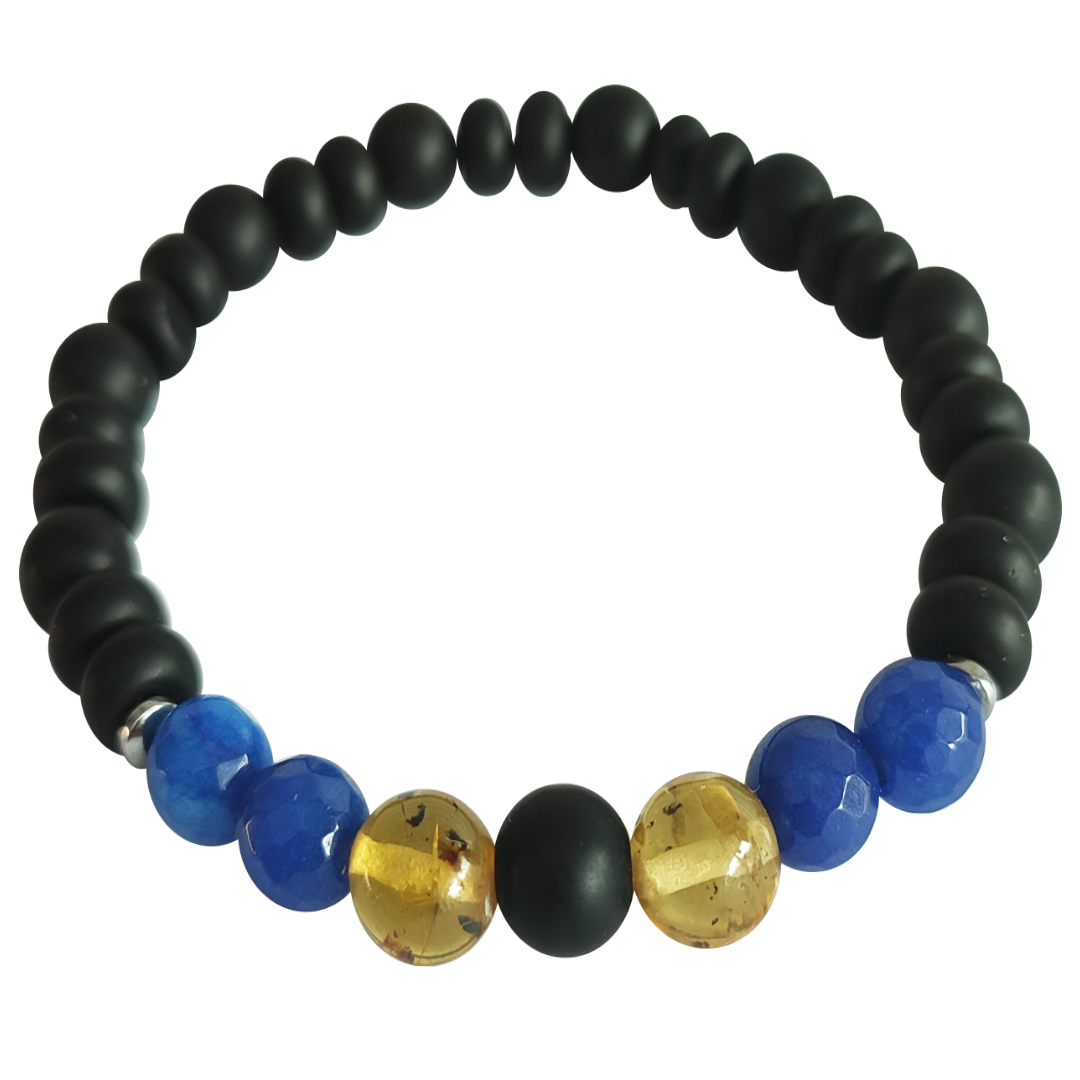 Pulso Ámbar, Onix Mate Negro Y Ágata Azul De Caballero