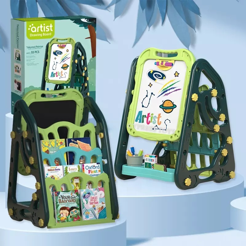 Pizarron magnetico para niños reversible con guarda libros