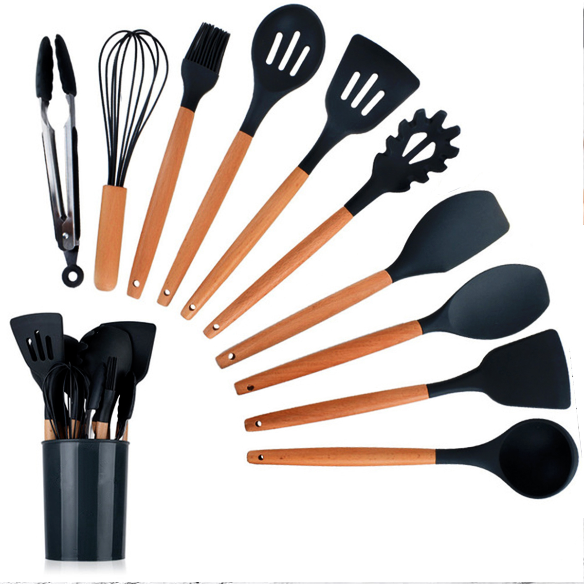 Juego de Utensilios De Cocina 11 Piezas Estilo Nórdico con Mangos de Madera y Recubrimientos de Silicon 