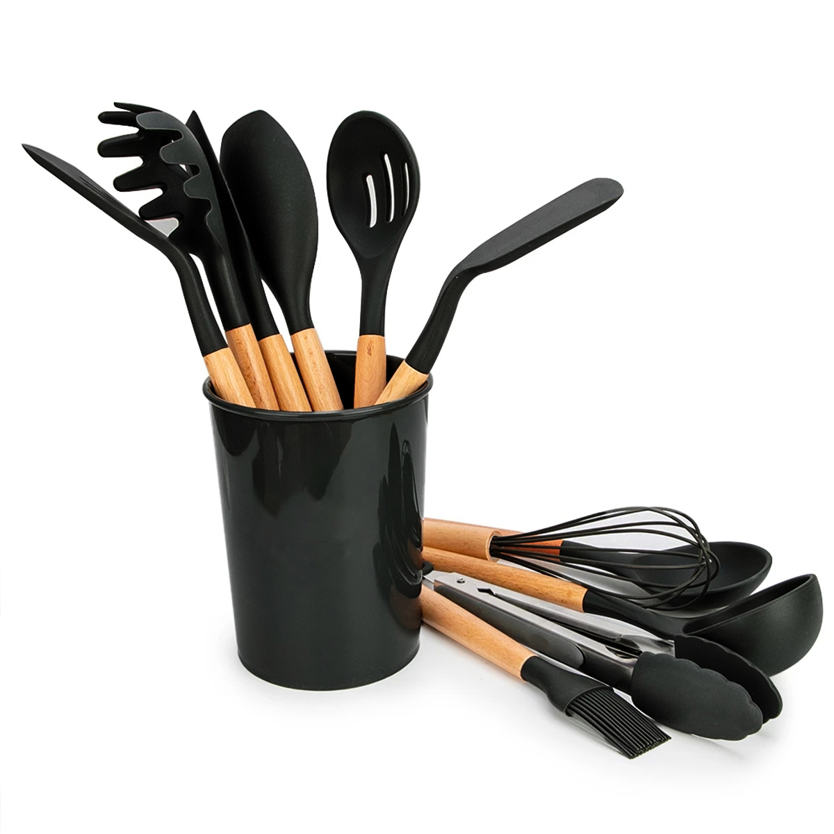 Juego de Utensilios De Cocina 11 Piezas Estilo Nórdico con Mangos de Madera y Recubrimientos de Silicon 