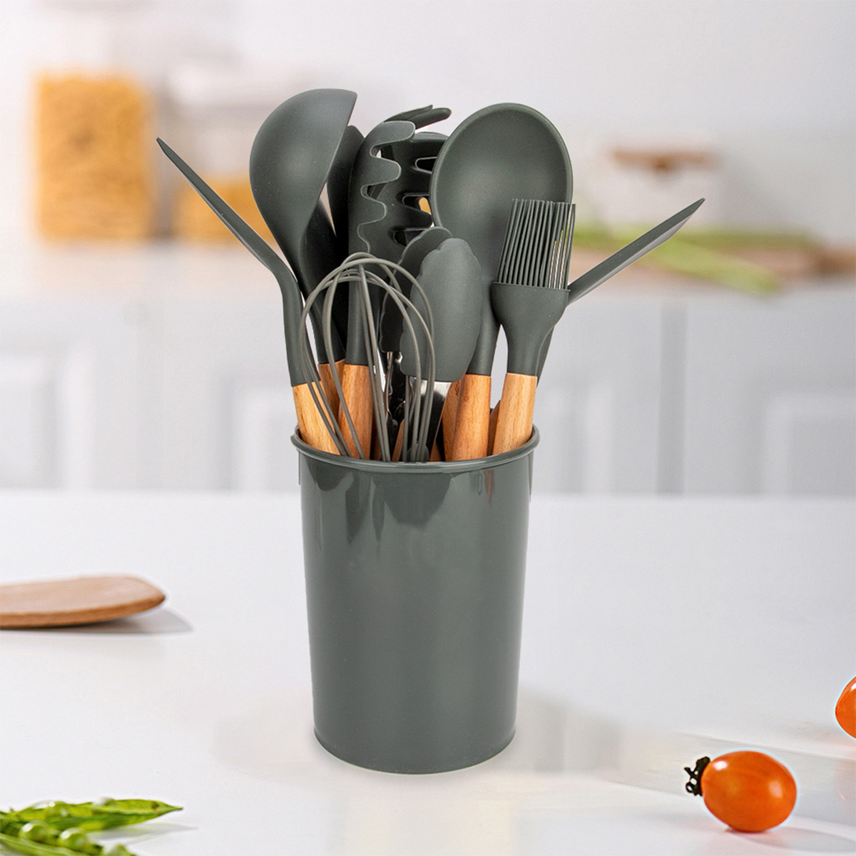 Juego de Utensilios De Cocina 11 Piezas Estilo Nórdico con Mangos de Madera y Recubrimientos de Silicon 