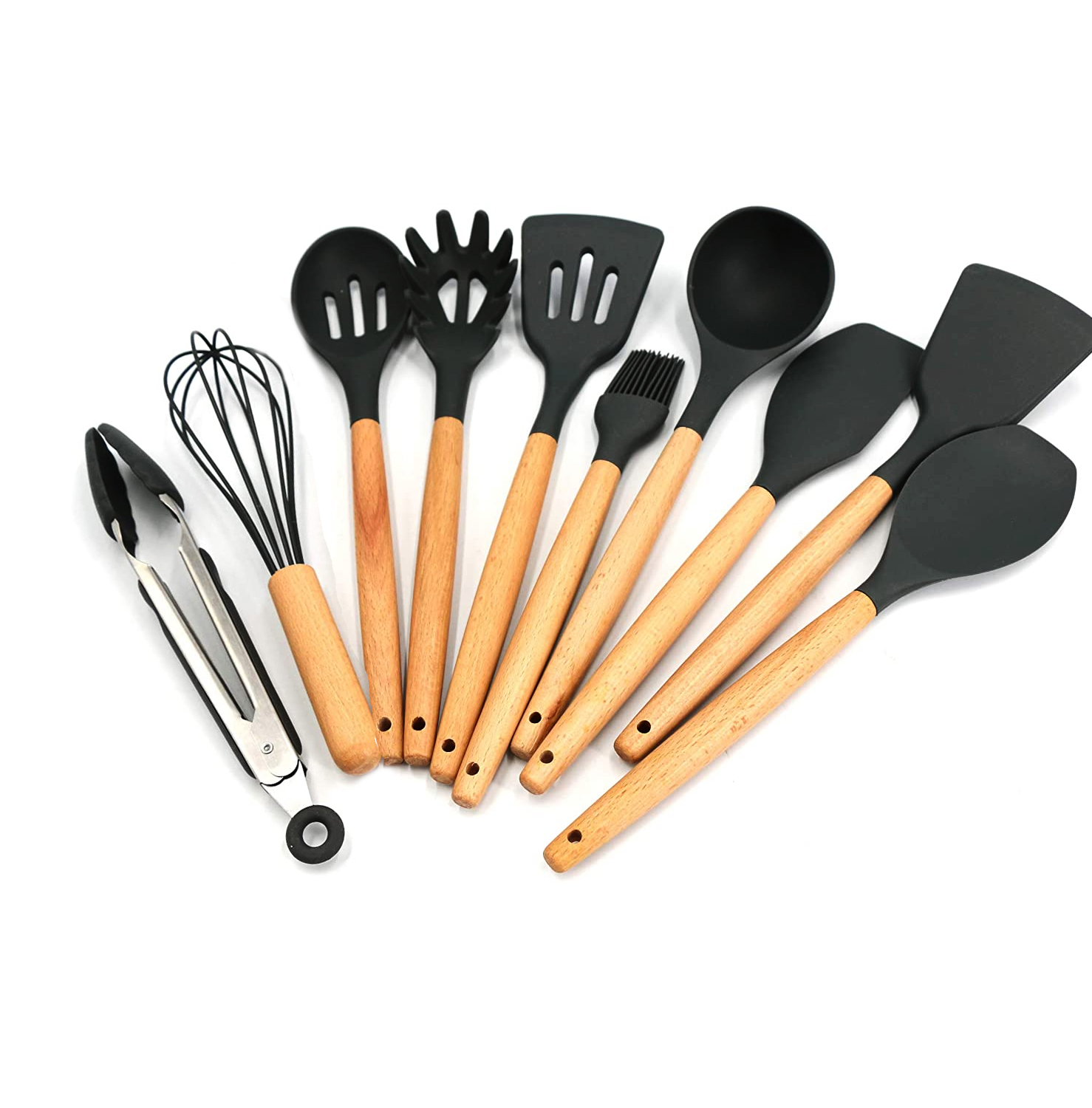 Juego de Utensilios De Cocina 11 Piezas Estilo Nórdico con Mangos de Madera y Recubrimientos de Silicon 