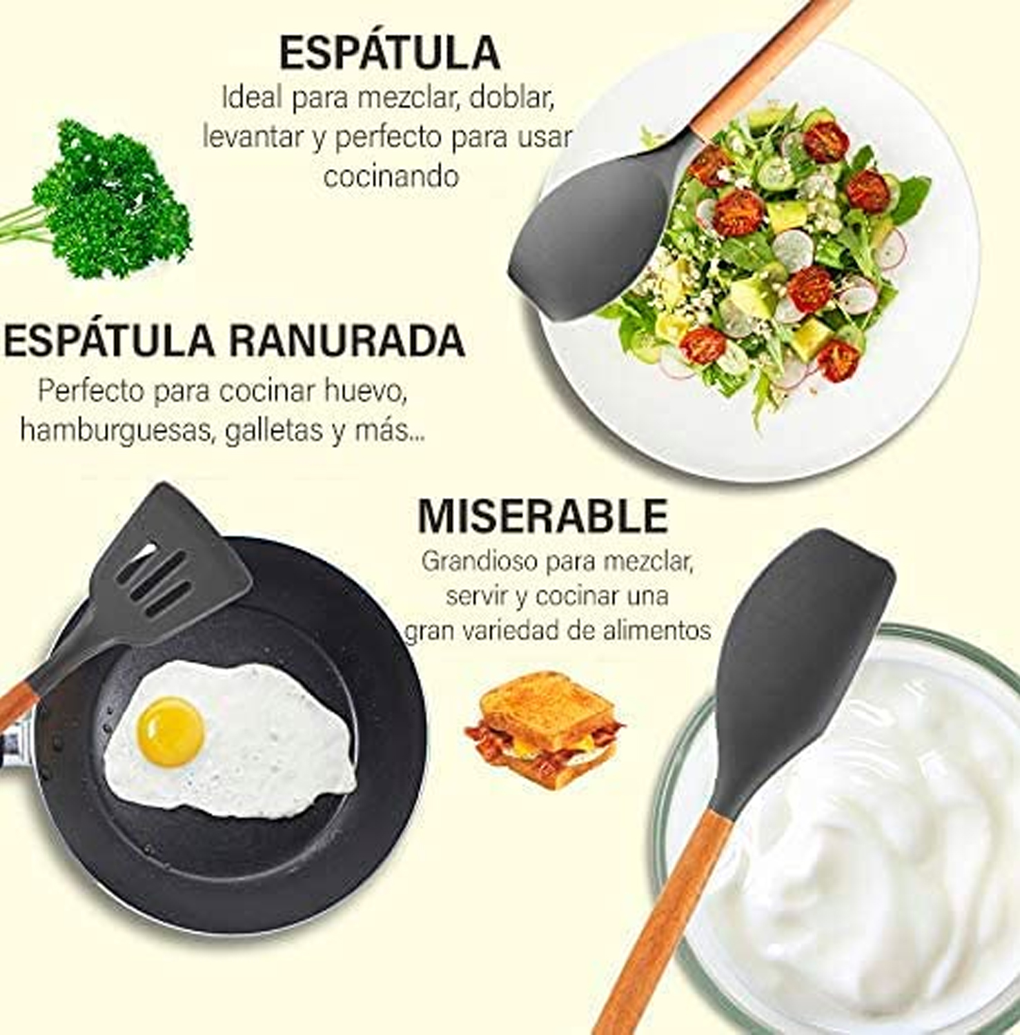 Juego de Utensilios De Cocina 11 Piezas Estilo Nórdico con Mangos de Madera y Recubrimientos de Silicon 