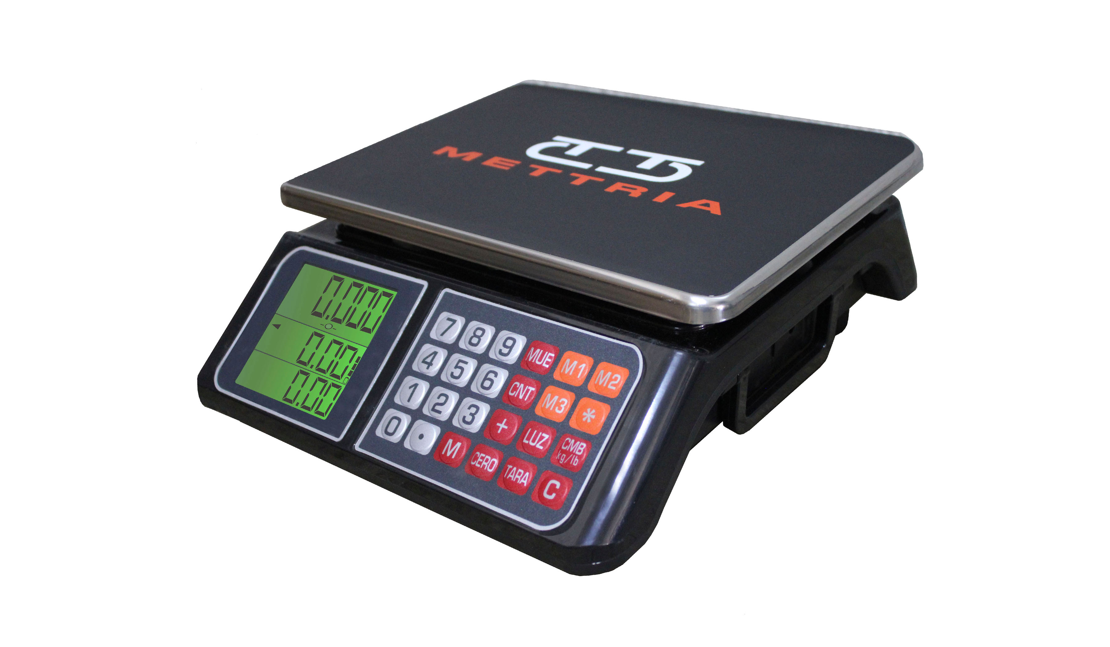 Báscula Digital de uso Comercial MTB-40 (40 Kg X 5 g) METTRIA con batería recargable, Display LCD Y Charola de Acero inoxidable 