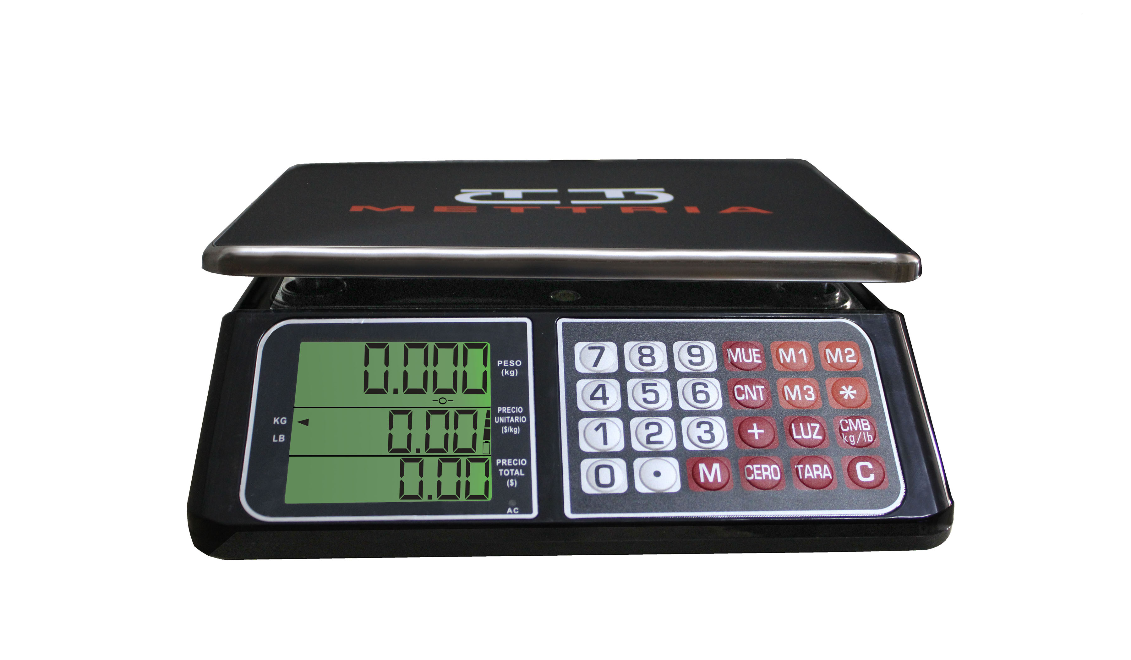 Báscula Digital de uso Comercial MTB-40 (40 Kg X 5 g) METTRIA con batería recargable, Display LCD Y Charola de Acero inoxidable 