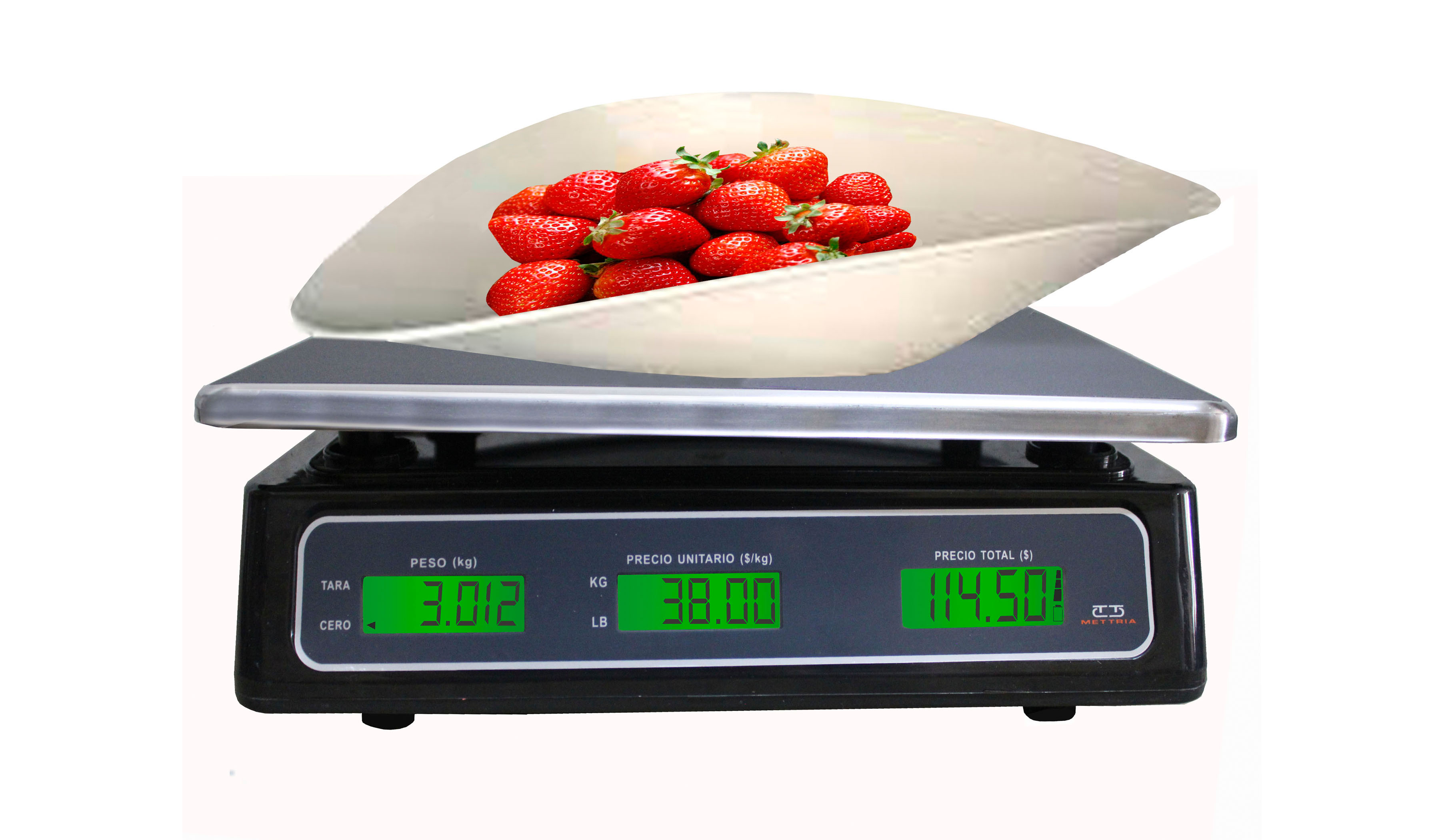 Báscula Digital de uso Comercial MTB-40 (40 Kg X 5 g) METTRIA con batería recargable, Display LCD Y Charola de Acero inoxidable 