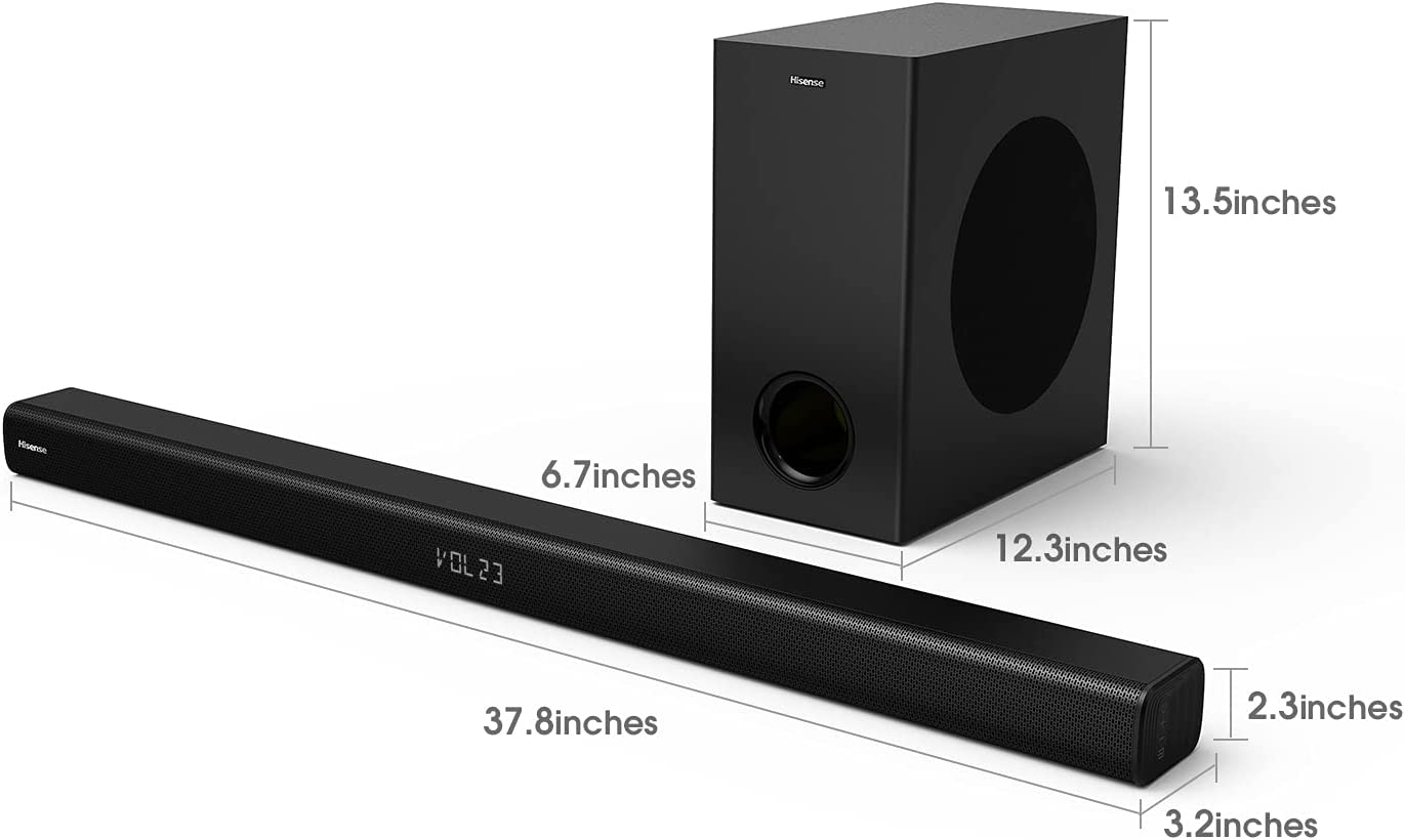Hisense HS218 Barra de Sonido de 2.1 Canales con subwoofer inalámbrico, 200 W, Alimentado por Dolby Audio, Roku TV Ready, Bluetooth, HDMI ARC/óptico/AUX/USB, 3 Modos de ecualización