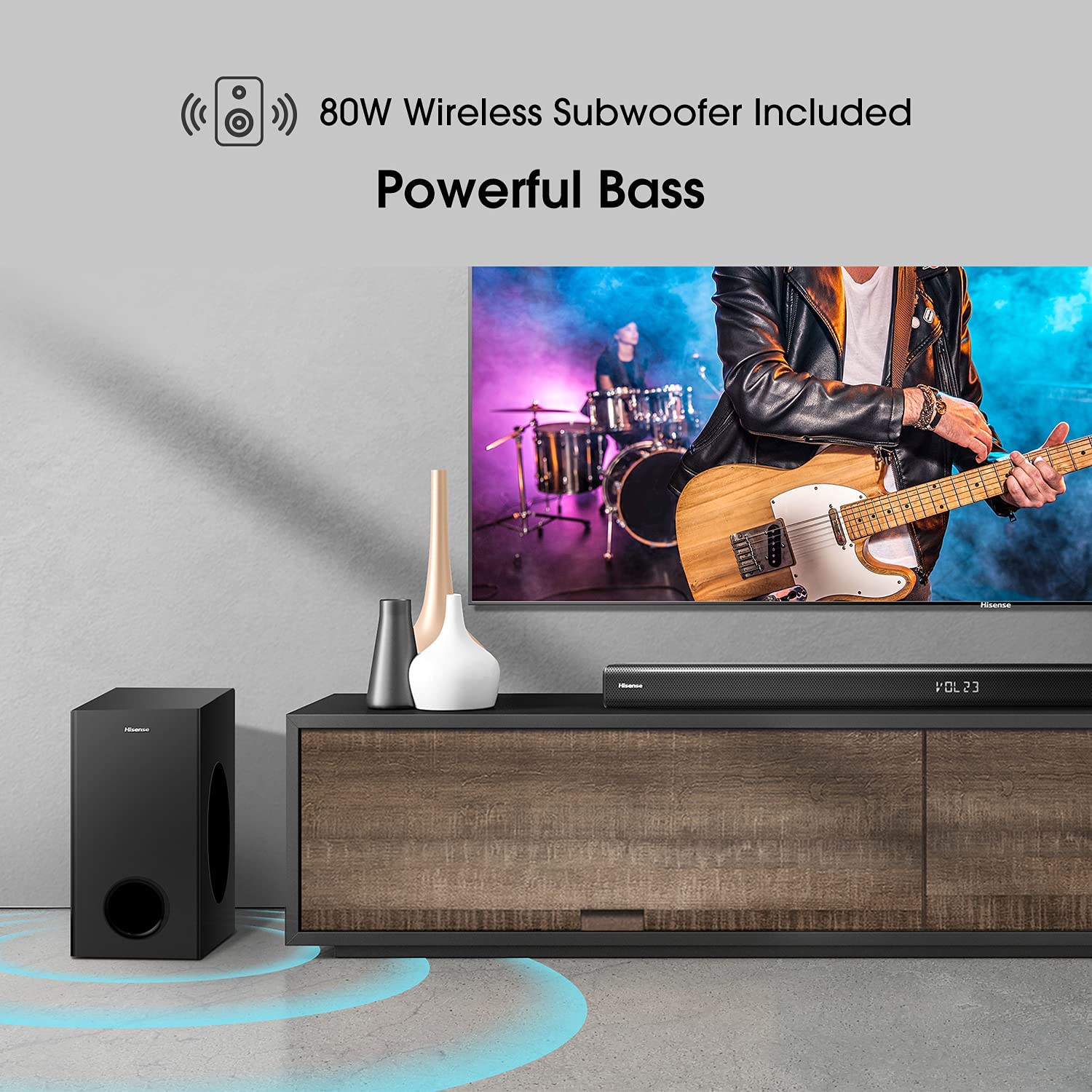 Hisense HS218 Barra de Sonido de 2.1 Canales con subwoofer inalámbrico, 200 W, Alimentado por Dolby Audio, Roku TV Ready, Bluetooth, HDMI ARC/óptico/AUX/USB, 3 Modos de ecualización