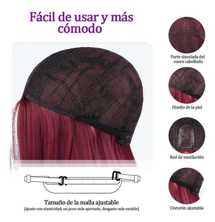 Peluca Natural Larga Cabello Liso Recta Color Rojo