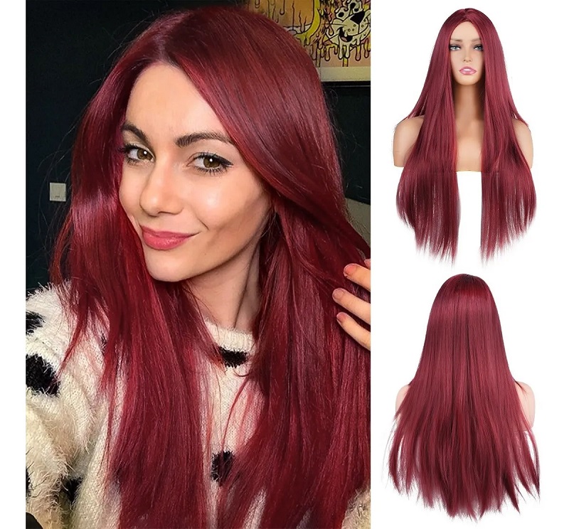 Peluca Natural Larga Cabello Liso Recta Color Rojo