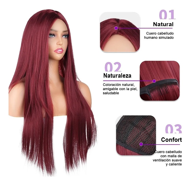 Peluca Natural Larga Cabello Liso Recta Color Rojo