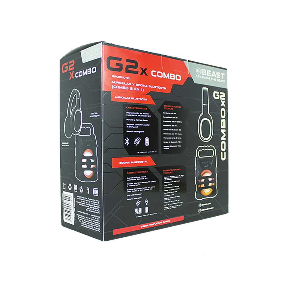 Combo Audifonos y Bocina Bluetooth Recargable BEAST G2X FM