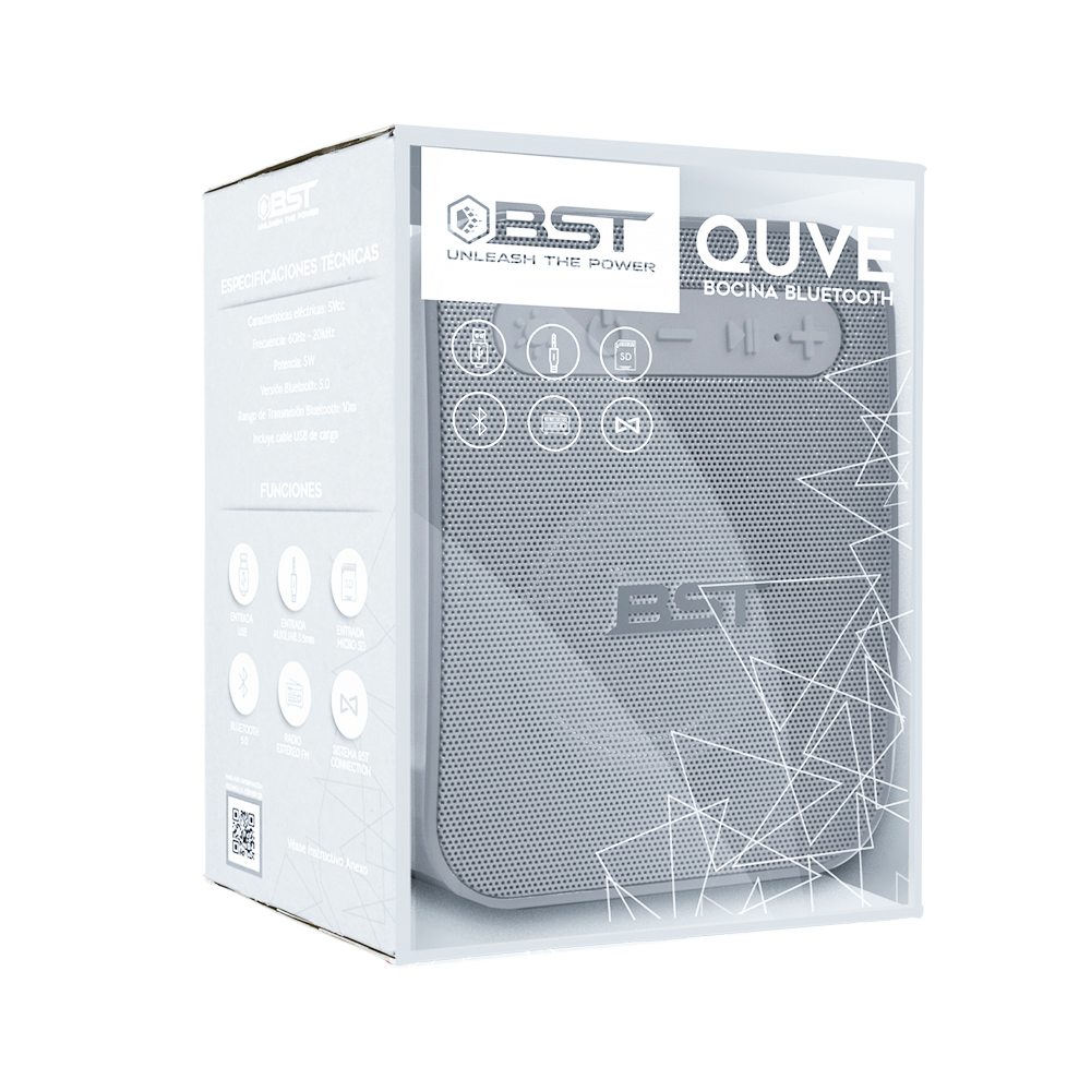 Bocina Bluetooth Portátil Radio FM, Micro SD BST QUVE Gris