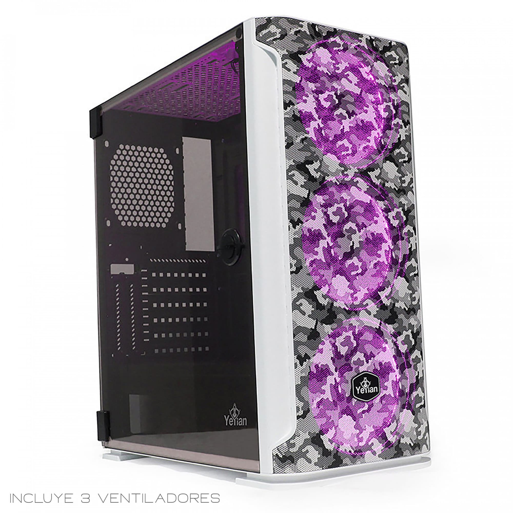 Gabinete E-ATX, Yeyian Hollow Serie 2500, ARGB, sin Fuente, Cristal Templado, blanco.