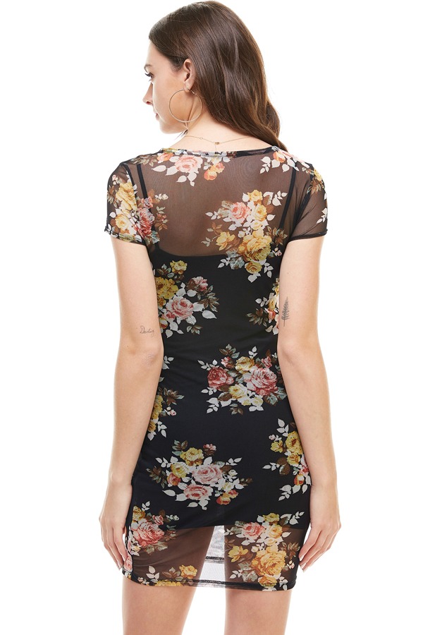Vestido Ajustado Floral Negro Corto Forro Interior Miley