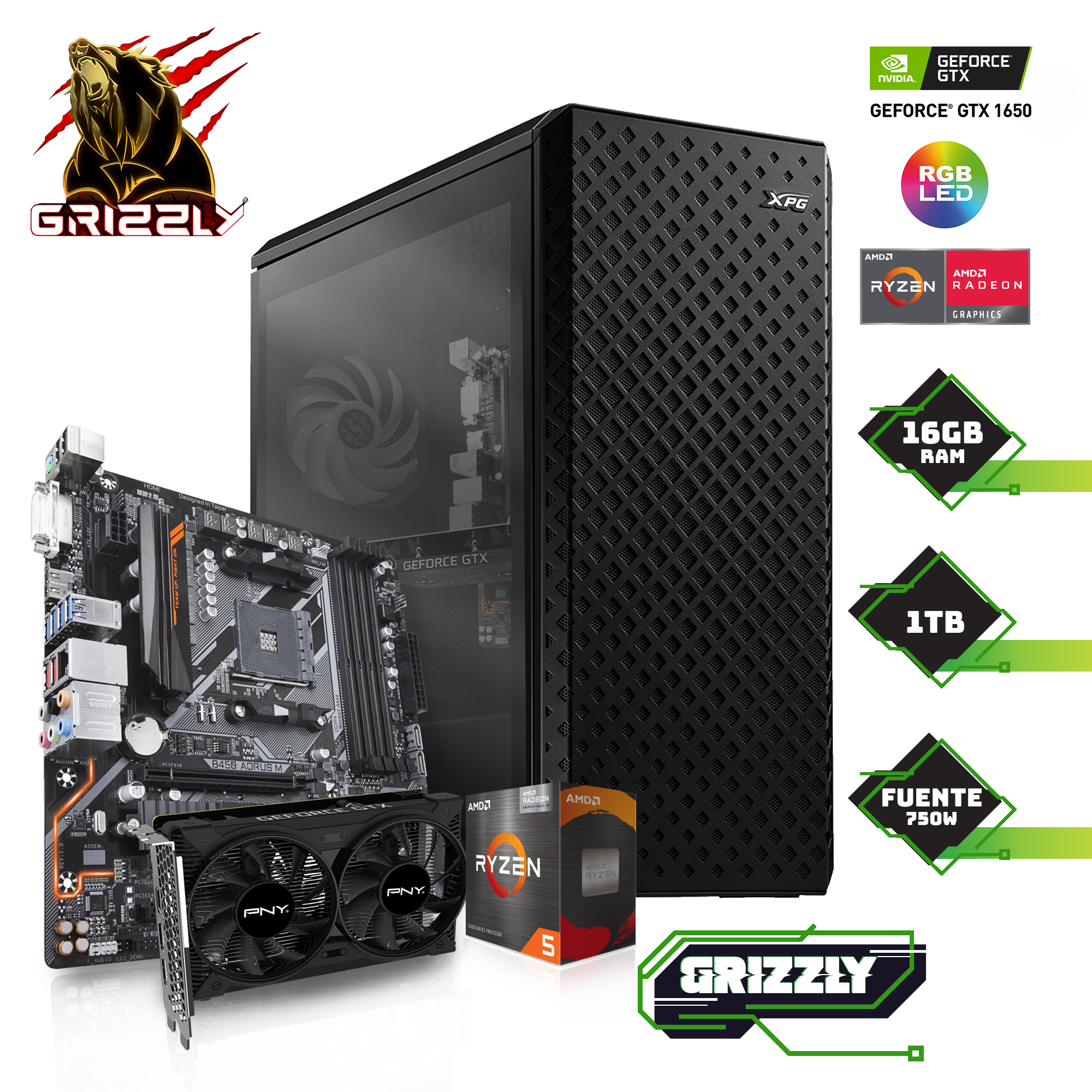 PC GAMER GRIZZLY XPG EDITION RYZEN 5 5600G 3.9 GHZ GTX 1650 4GB RAM 16 GB SSD 480GB HDD 1TB SG-RZ058
