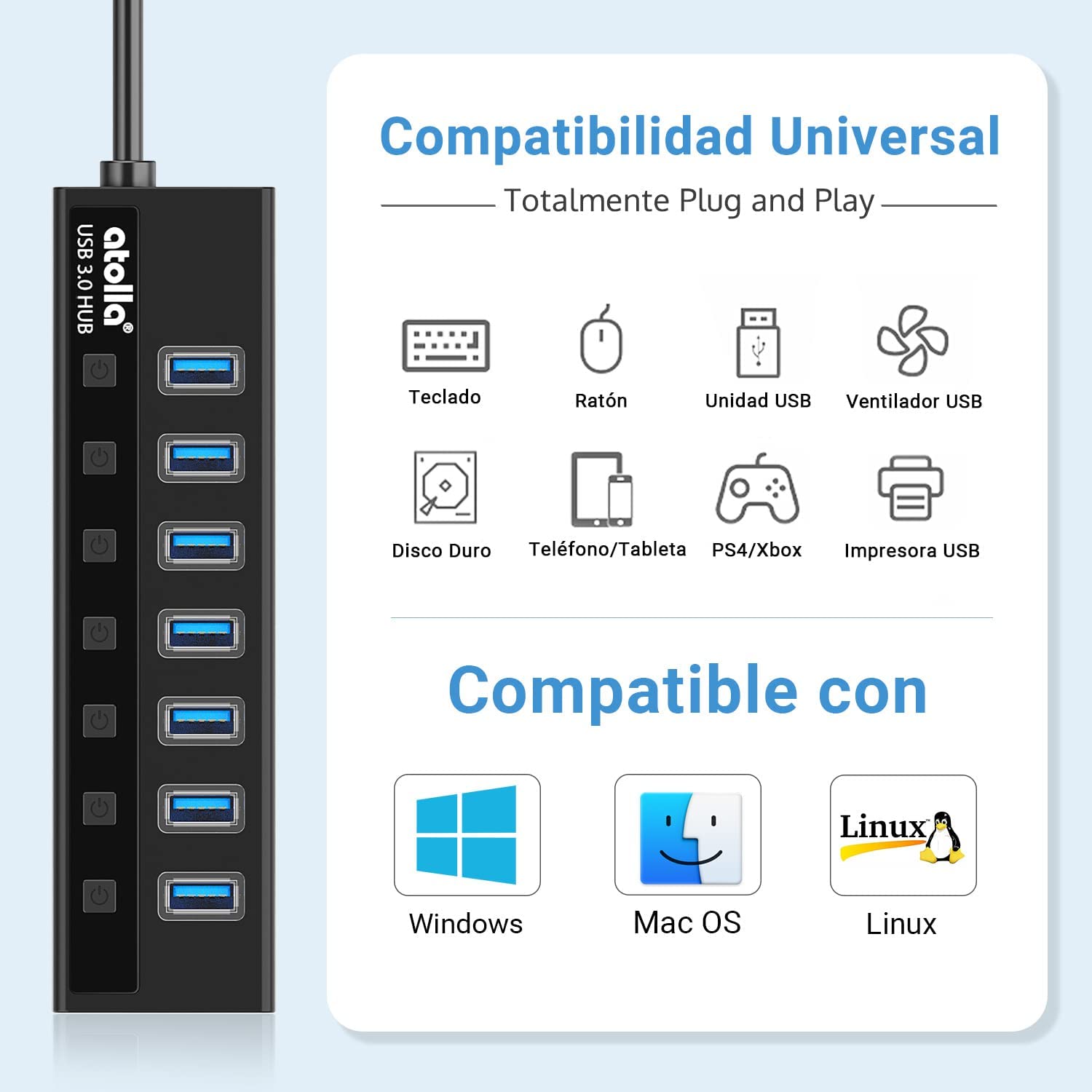 ATOLLA 7 Puertos Hub USB 3.0 Hub USB 3.0 de 7 Puertos c vo Mac OS Windows y Linux