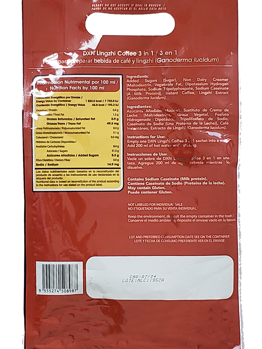 Café Instantáneo DXN 3 En 1 Lingzhi Coffe 20 Sobres de 21g