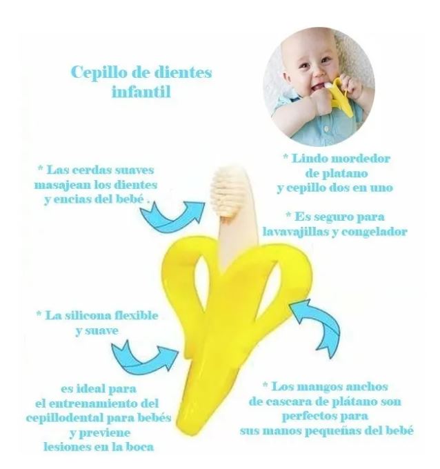 Mordedera para bebé forma Banana Platano con base y estuche. Cepillo de dientes para bebé de silicon
