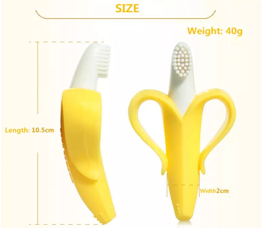 Mordedera para bebé forma Banana Platano con base y estuche. Cepillo de dientes para bebé de silicon