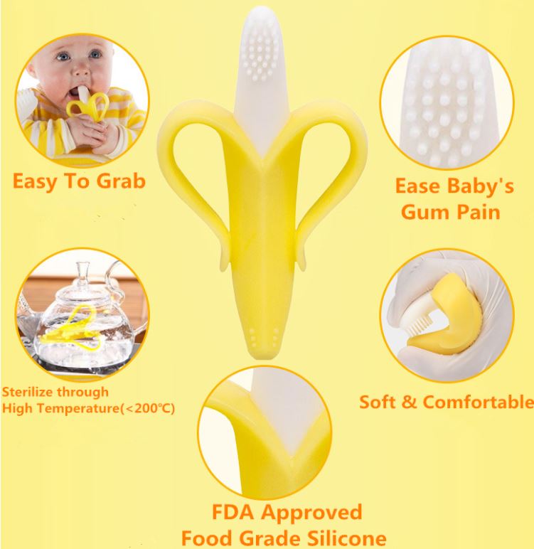 Mordedera para bebé forma Banana Platano con base y estuche. Cepillo de dientes para bebé de silicon
