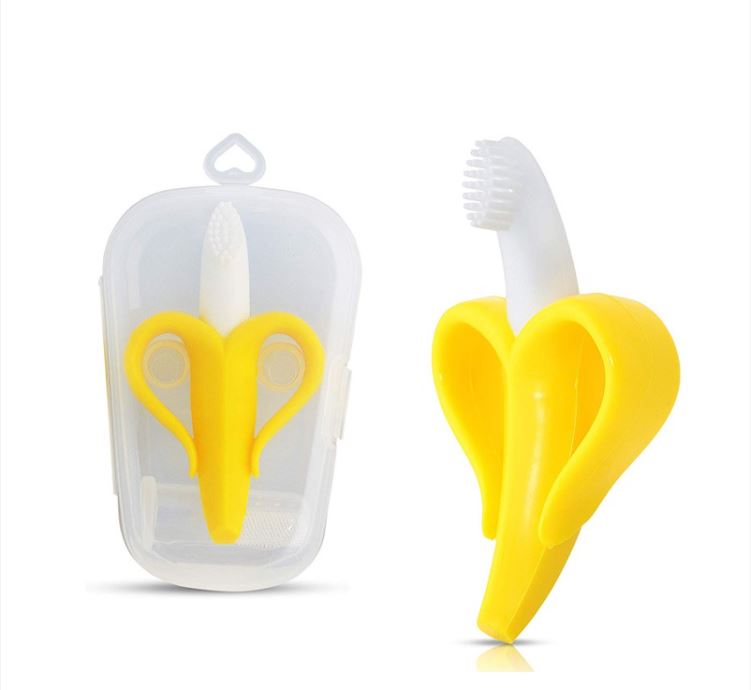 Mordedera para bebé forma Banana Platano con base y estuche. Cepillo de dientes para bebé de silicon