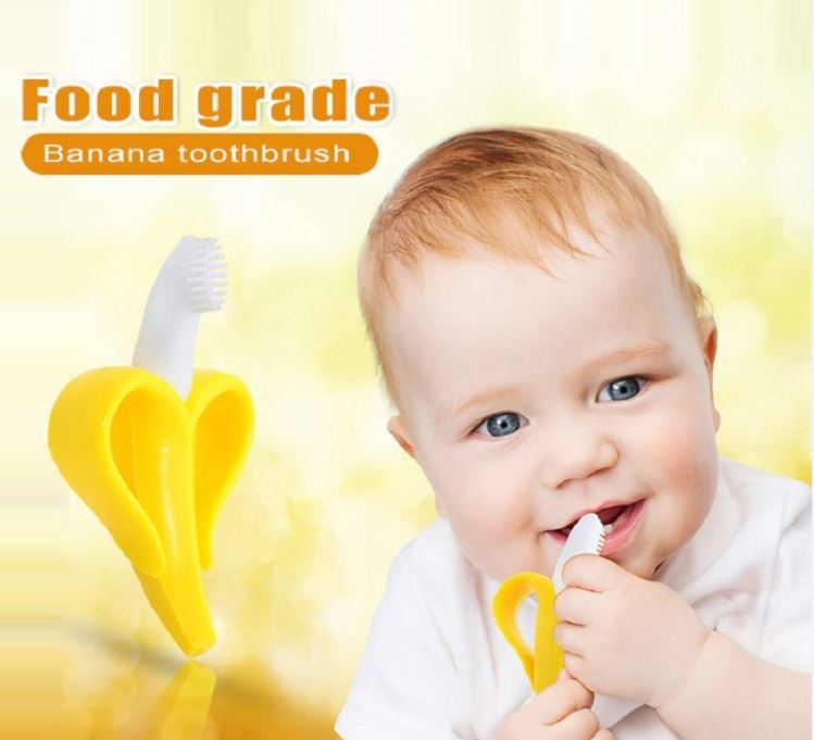 Mordedera para bebé forma Banana Platano con base y estuche. Cepillo de dientes para bebé de silicon