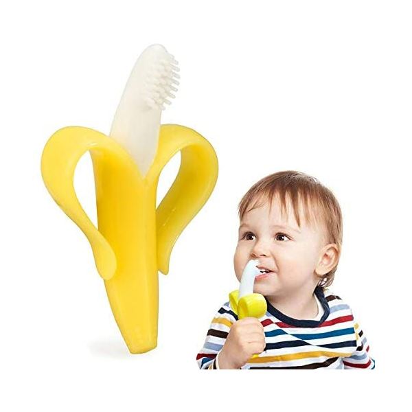 Mordedera para bebé forma Banana Platano con base y estuche. Cepillo de dientes para bebé de silicon