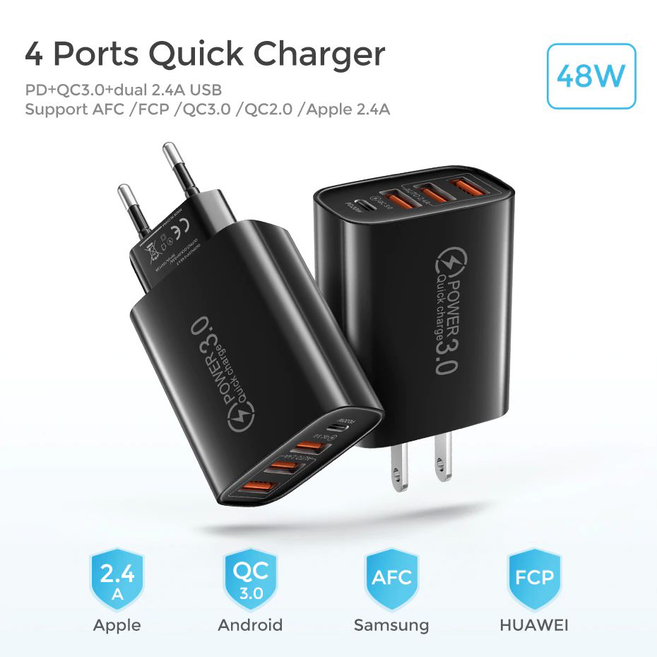 Cargador USB QC 3,0 de 48W, carga rápida tipo C Y PD  iPhone