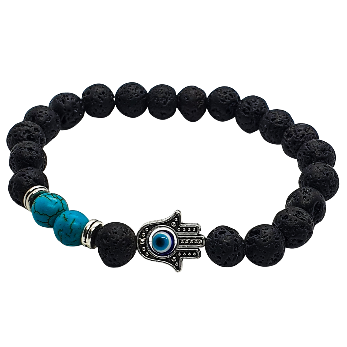 Pulsera de hombre ojo turco y mano de Fátima con piedra volcánica y piedra turquesa