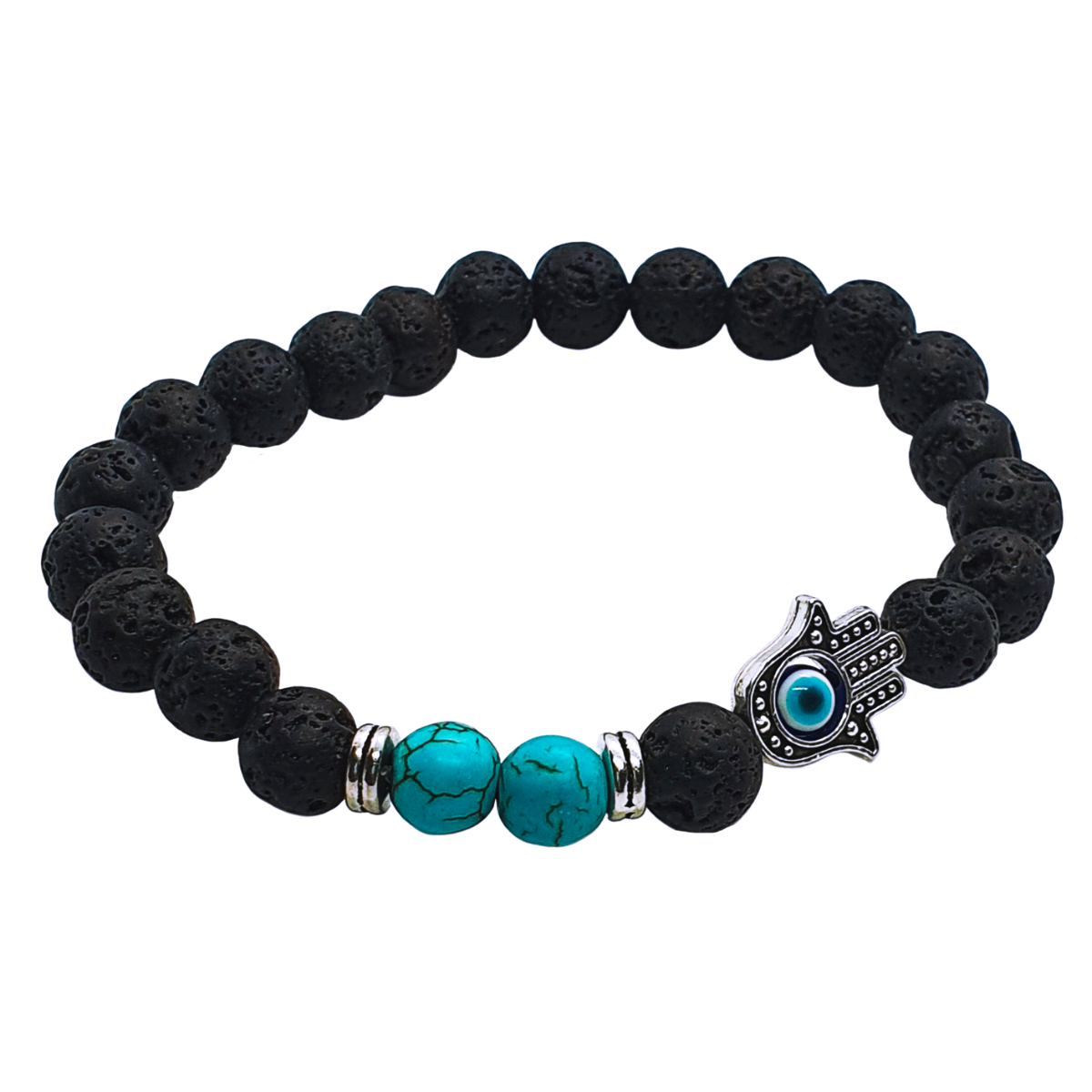 Pulsera de hombre ojo turco y mano de Fátima con piedra volcánica y piedra turquesa