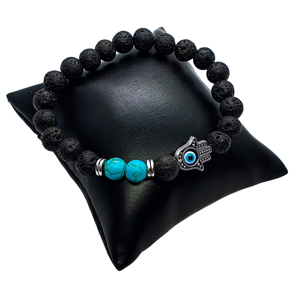 Pulsera de hombre ojo turco y mano de Fátima con piedra volcánica y piedra turquesa