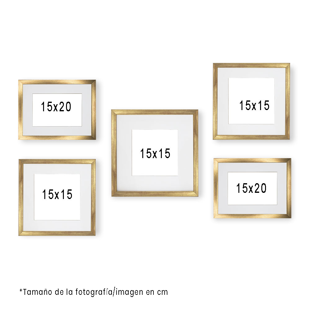 Set de 5 Marcos Decorativos con Marco Dorado con cristal y marialuisa