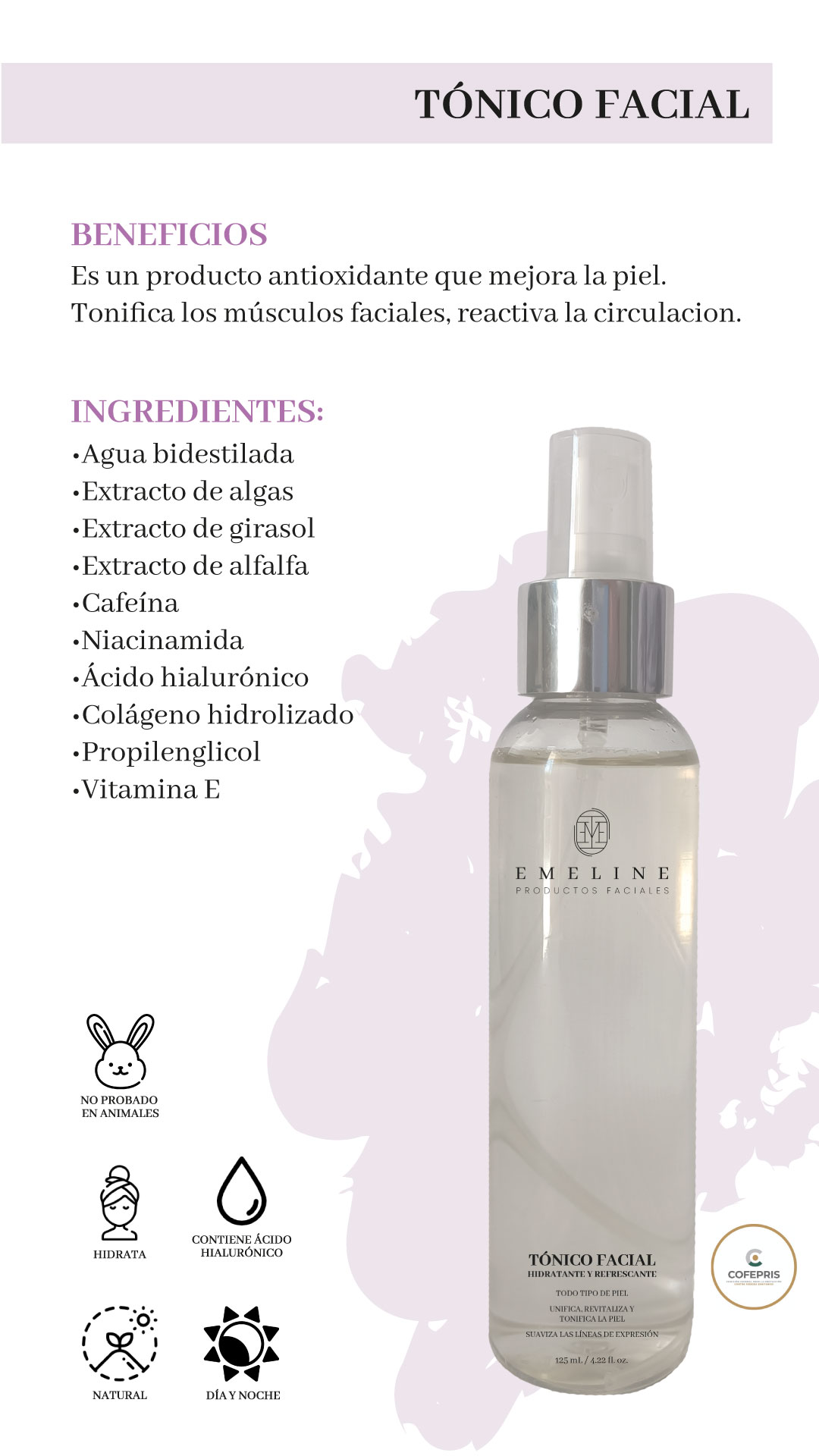 Tónico Facial Hidratante y Refrescante EMELINE Día/Noche