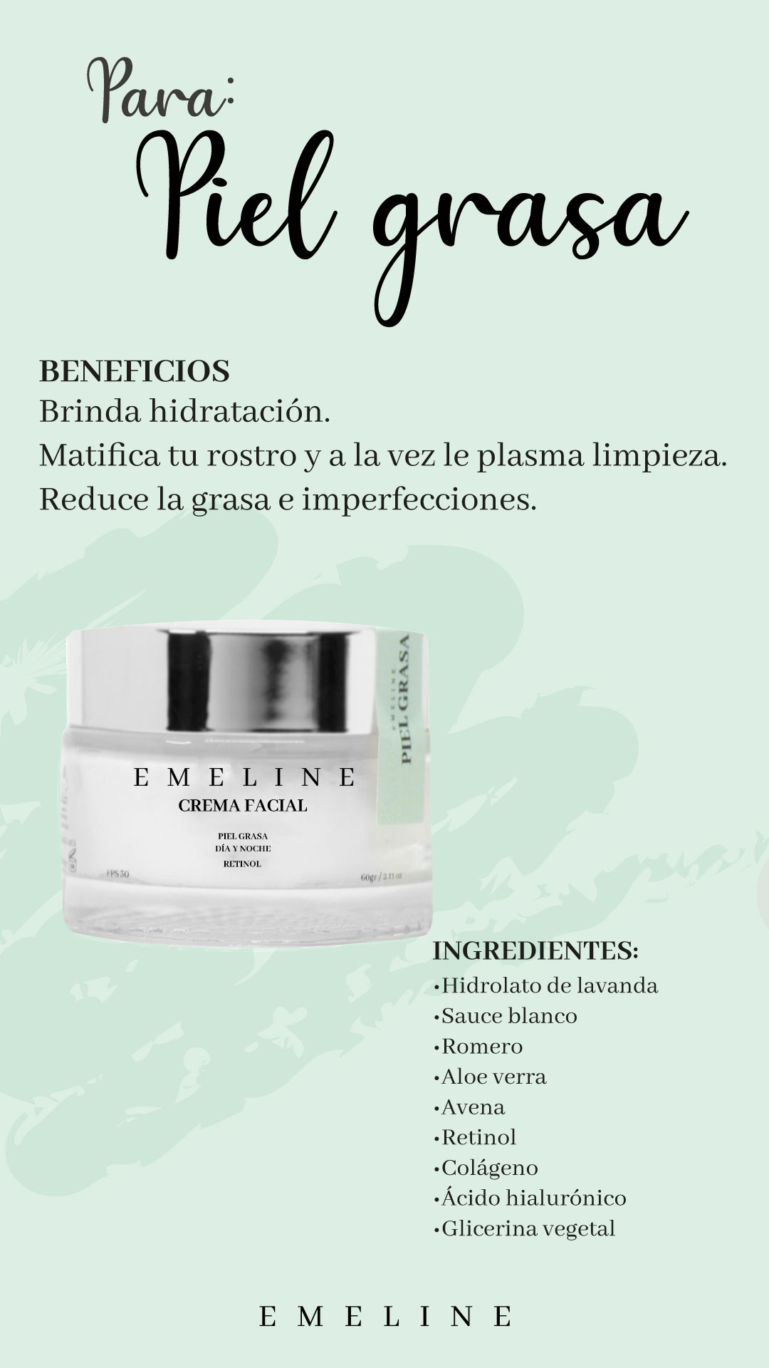 Crema Facial EMELINE para Piel Grasa día/noche con FPS 30