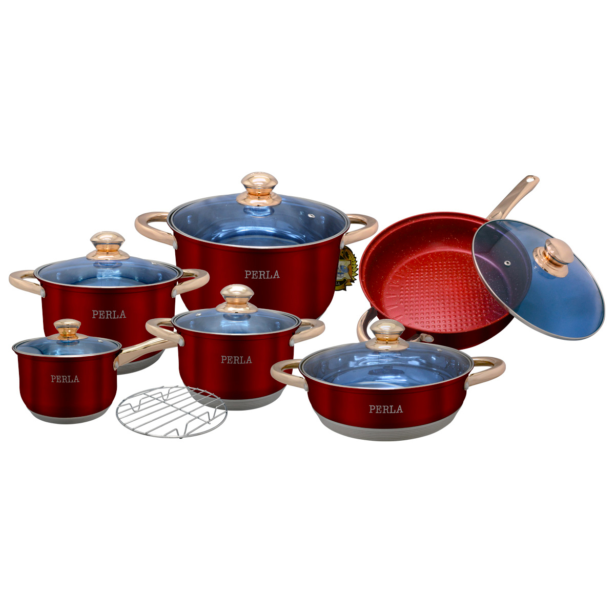 Batería de cocina Acero Inoxidable Roja Perla Deluxe 13pzas