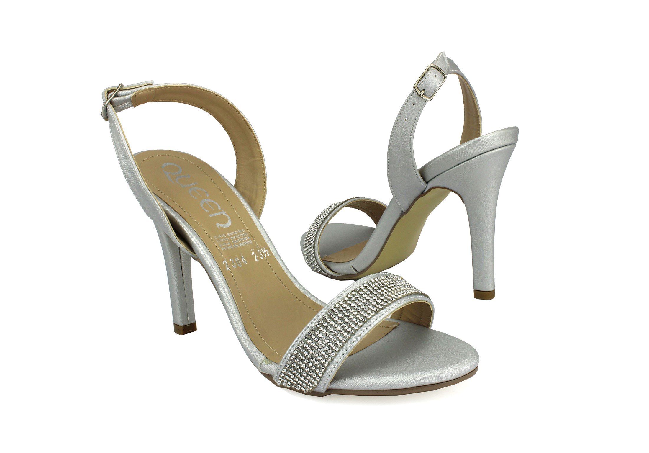 Zapatillas QUEEN En Color Plata Para Dama Elegantes con Pedrierías Tacón Delgado Tira Talón