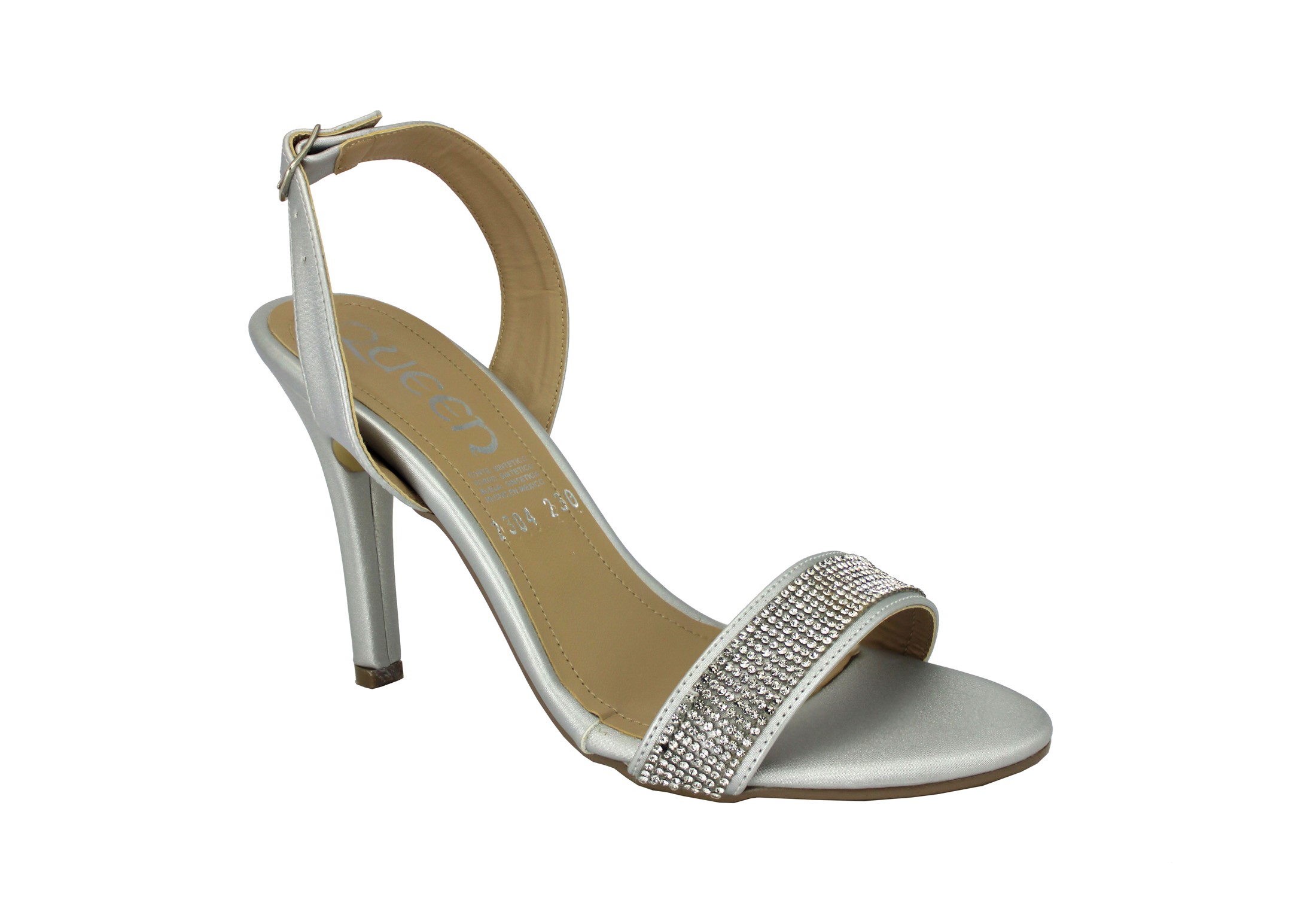 Zapatillas QUEEN En Color Plata Para Dama Elegantes con Pedrierías Tacón Delgado Tira Talón