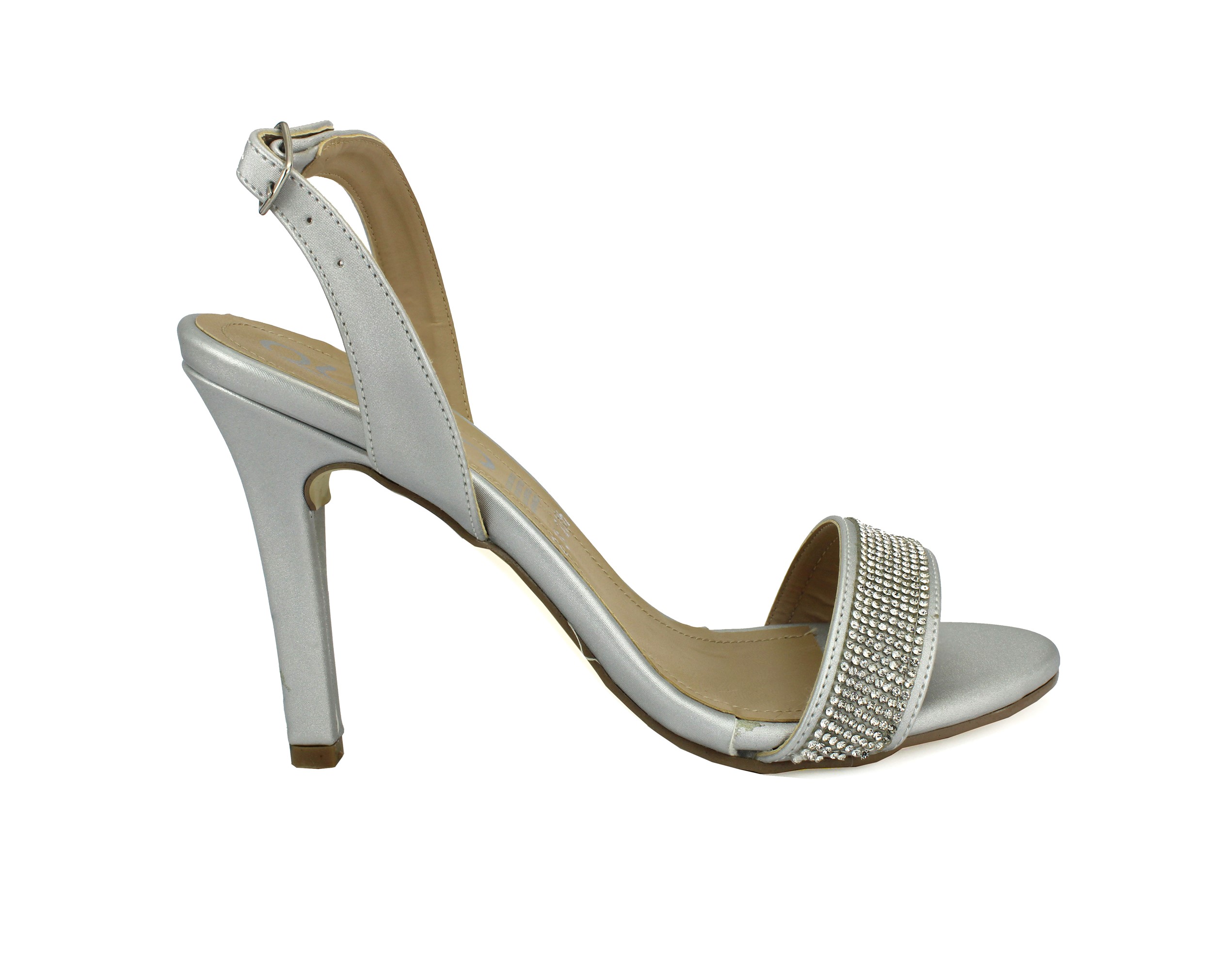 Zapatillas QUEEN En Color Plata Para Dama Elegantes con Pedrierías Tacón Delgado Tira Talón